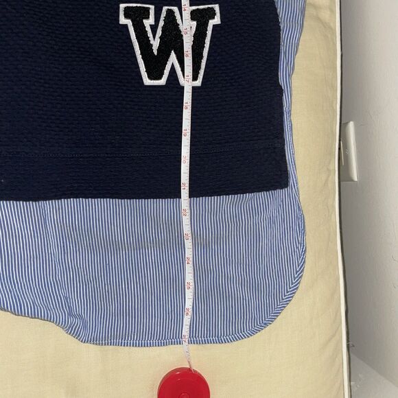 ZARA BLUE VARSITY LETTERMAN PATCH STRIPED TOP SWEATER Hi Low BLOUSE  S - Picture 7 of 7